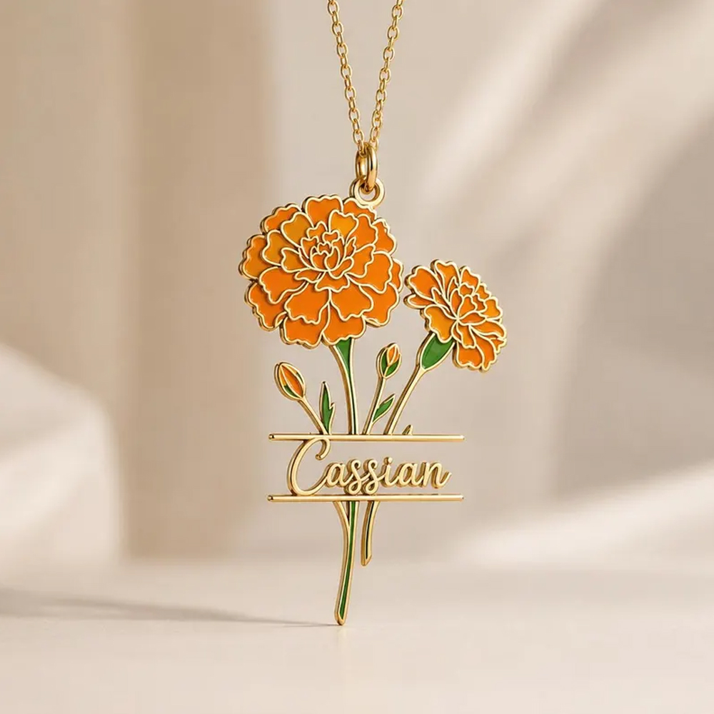 Birth Flower Necklace - Colar com Nome Personalizado e Flor